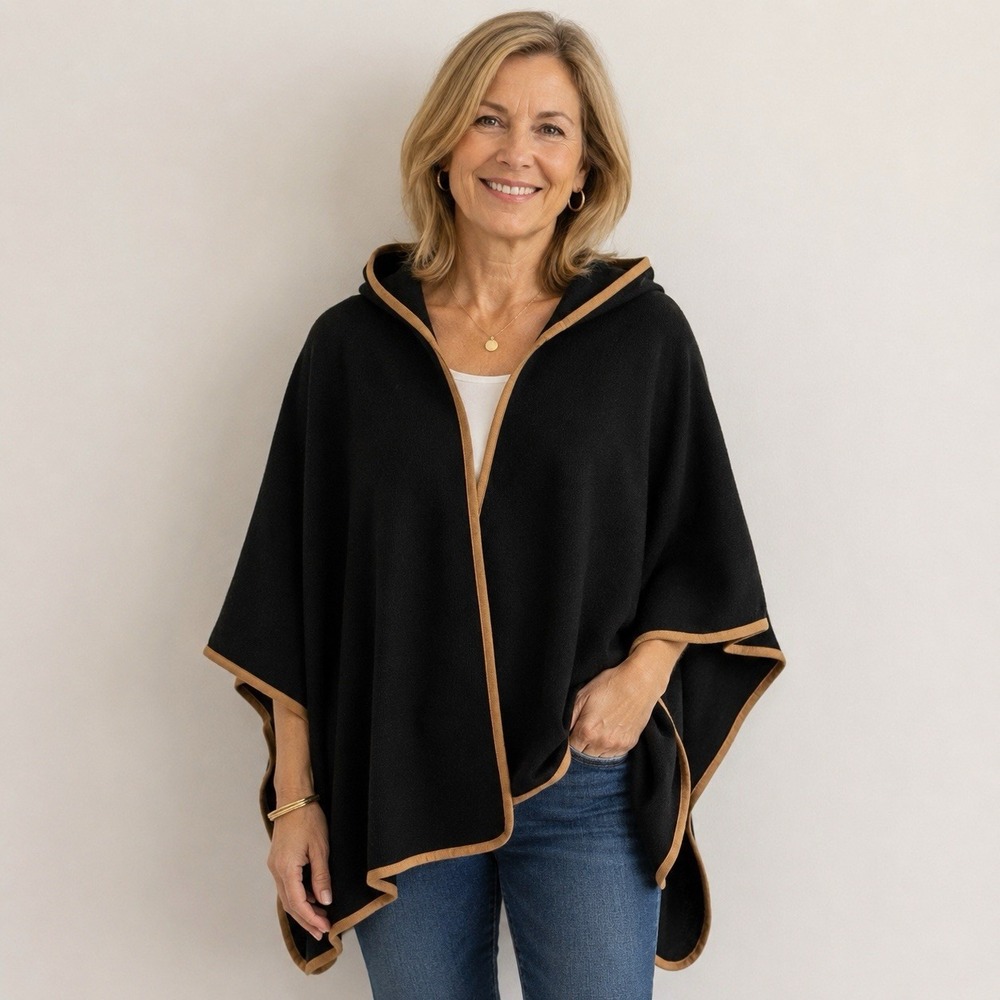 Chico's Wool Blend Poncho Wrap Women Large XL Black Tan Knit Hood Open Front